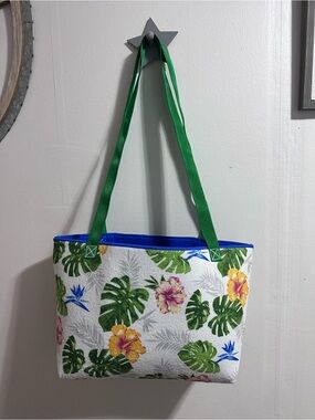 Handcrafted Tropical Floral Canvas Tote Bag in Green reversible